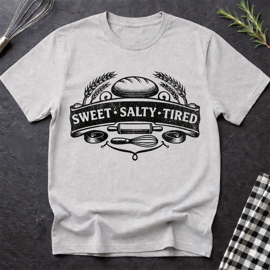 Sweet • Salty • Tired T-Shirt — Baker/ foodie vintage emblem tee
